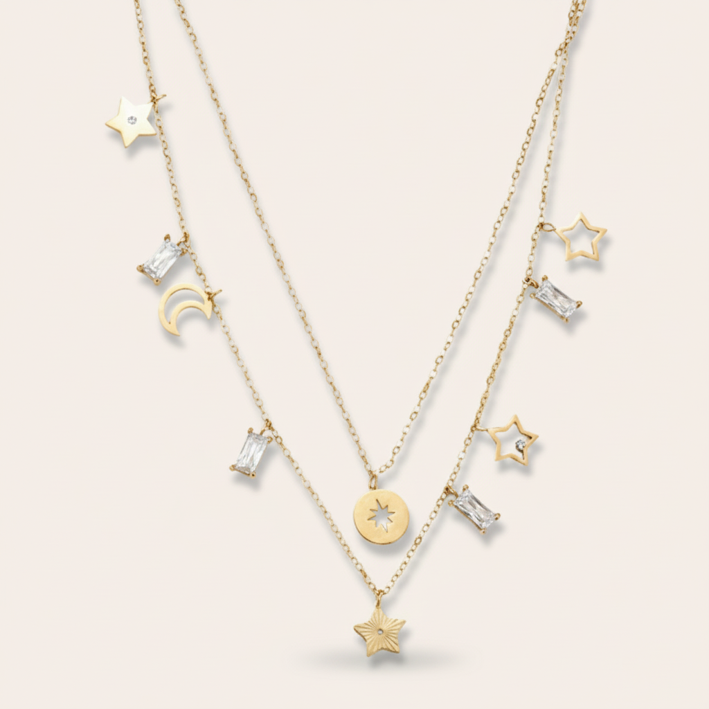 "Amiaellelyn" Two Layers Stars Moon Diamonds Edelstahl Halskette