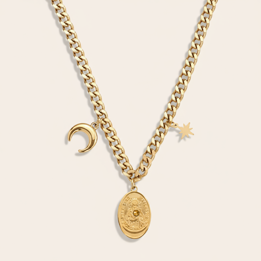 "Meliaynea" Delrocio Star And Moon In Oval Chain Edelstahl Halskette
