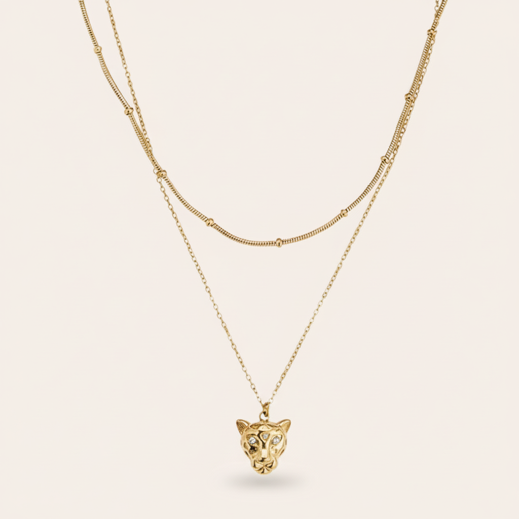 "Oriveleva" Two Layer Leopard Head With Diamond Edelstahl Halskette