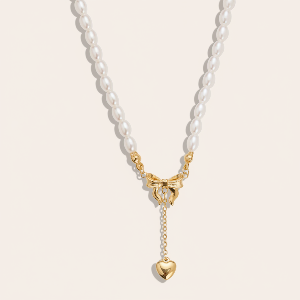 "Norariaine" Bowtie With Heart In Pearl Chain Edelstahl Halskette