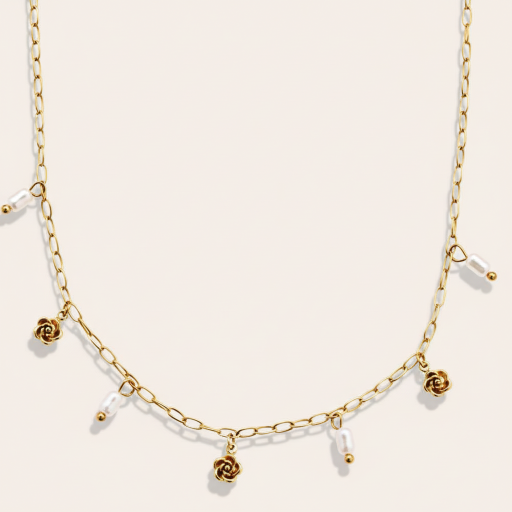 "Lunaleielle" Mini Flower And Pearl Edelstahl Halskette