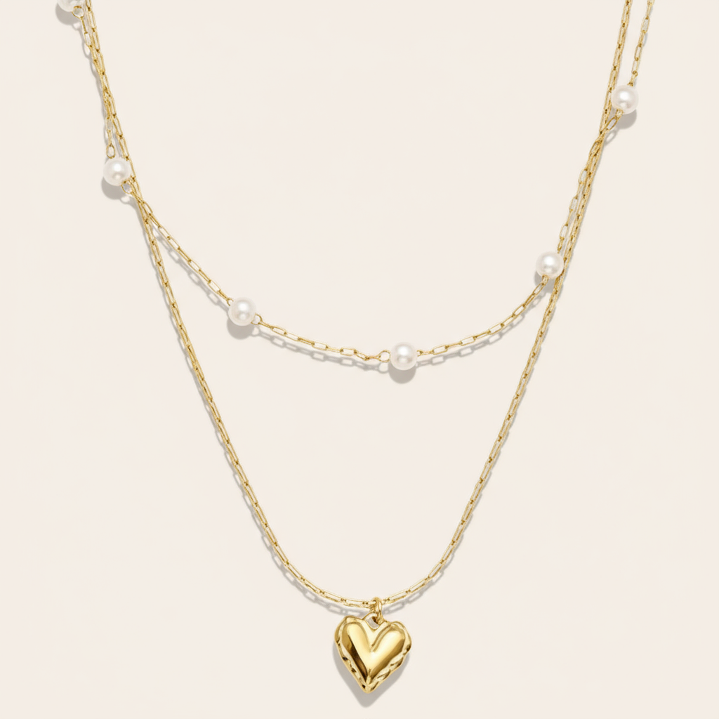 "Ariaraeva" Two Layer Pearl And Heart Edelstahl Halskette