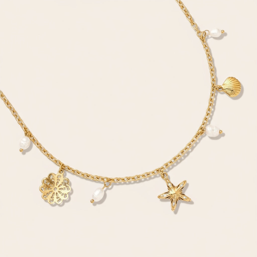 "Ilalunaina" Pretty Ocean And Pearl Edelstahl Halskette