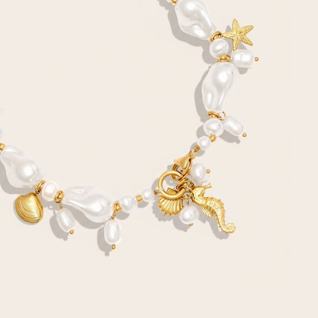 "Lioravaraeva" Ocean Charms And Baroque Pearl Edelstahl Halskette
