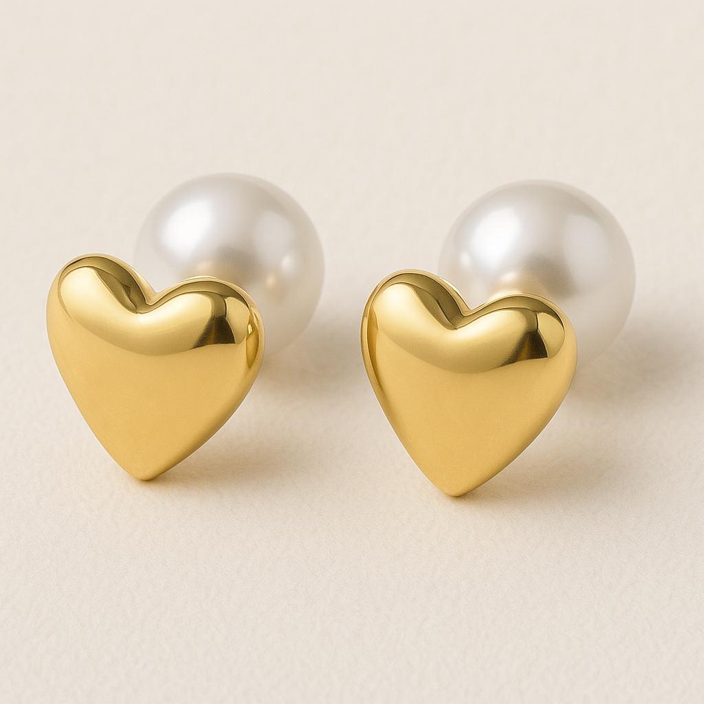 „Alurea“ – Front-Back-Ohrstecker mit Herz und Perle-Goldharmonie