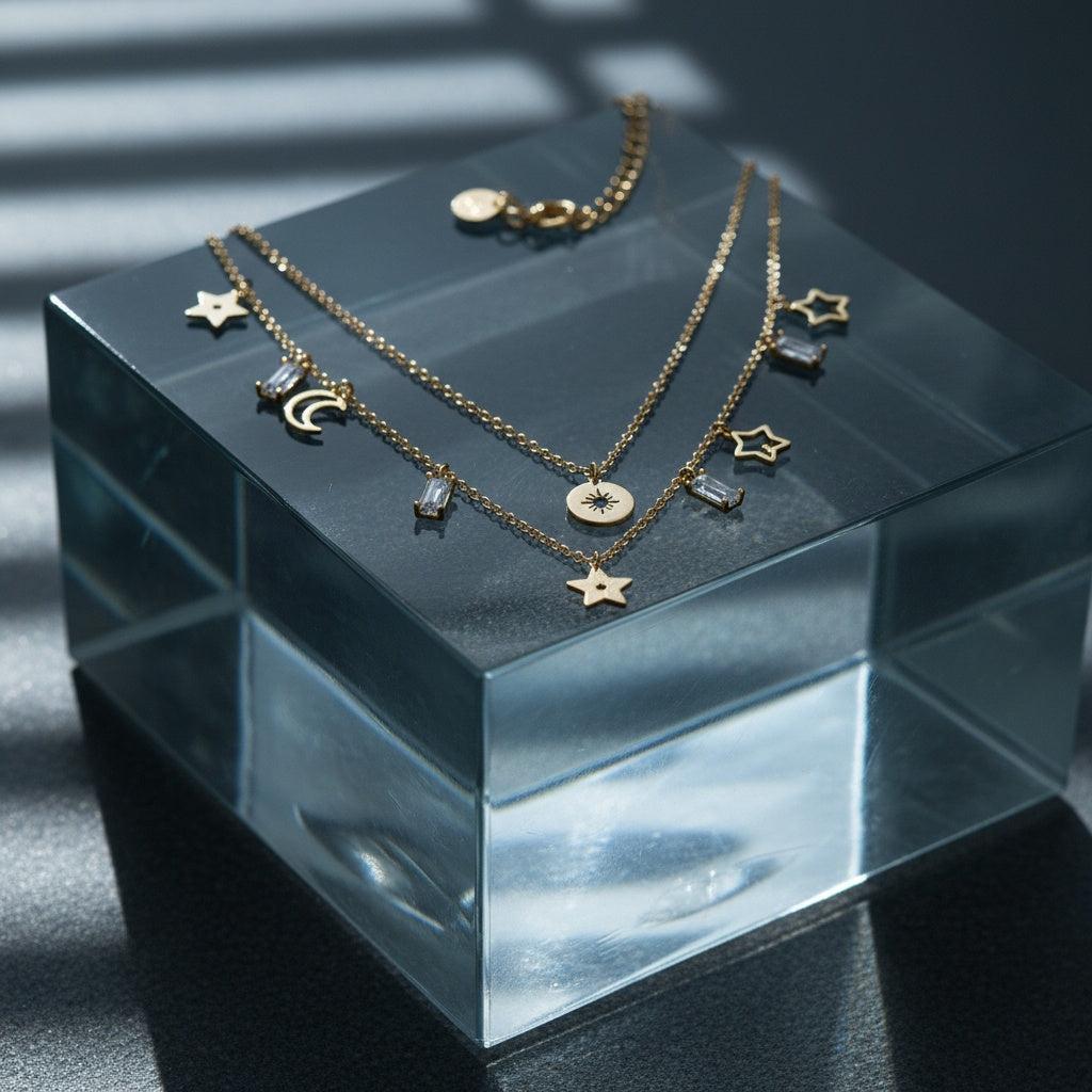 "Amiaellelyn" Two Layers Stars Moon Diamonds Edelstahl Halskette