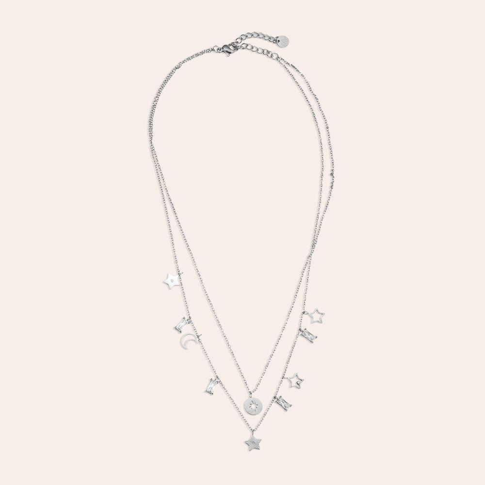 "Amiaellelyn" Two Layers Stars Moon Diamonds Edelstahl Halskette