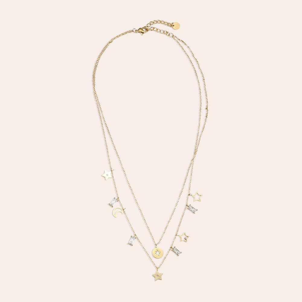 "Amiaellelyn" Two Layers Stars Moon Diamonds Edelstahl Halskette-Goldharmonie
