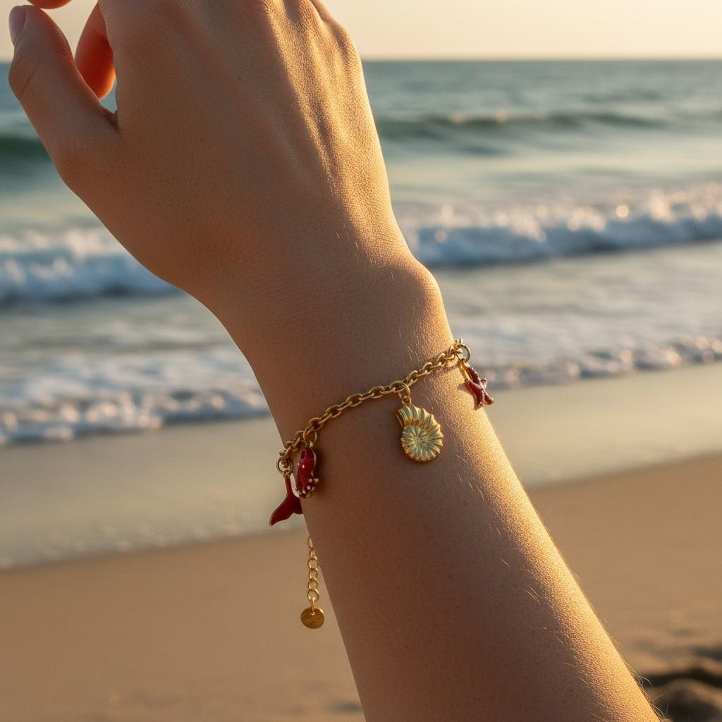 „Aquilea“ – Edelstahl-Arm­kette mit Meer-Charms, 17 cm + 3 cm