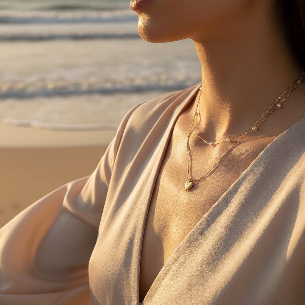 "Ariaraeva" Two Layer Pearl And Heart Edelstahl Halskette