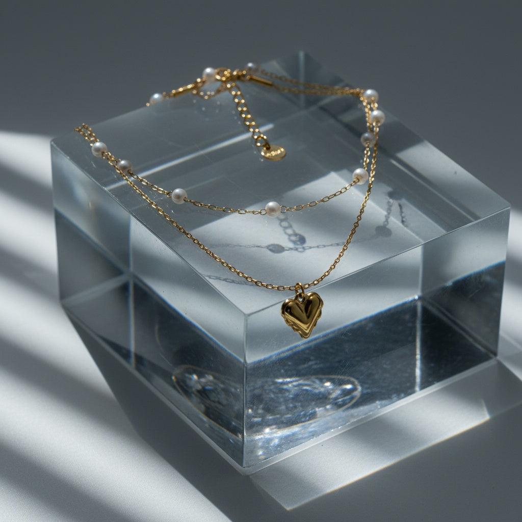 "Ariaraeva" Two Layer Pearl And Heart Edelstahl Halskette