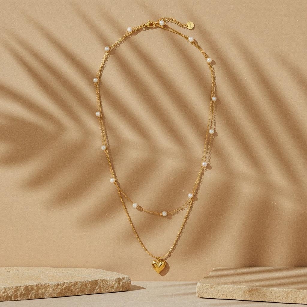"Ariaraeva" Two Layer Pearl And Heart Edelstahl Halskette