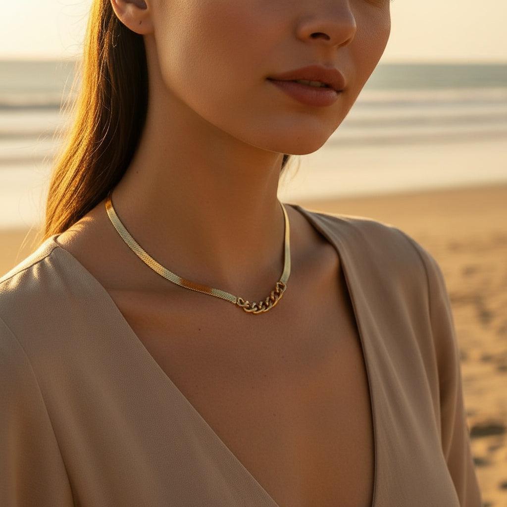 "Avielise" Simple Wide Snake Chain With Part Oval Edelstahl Halskette