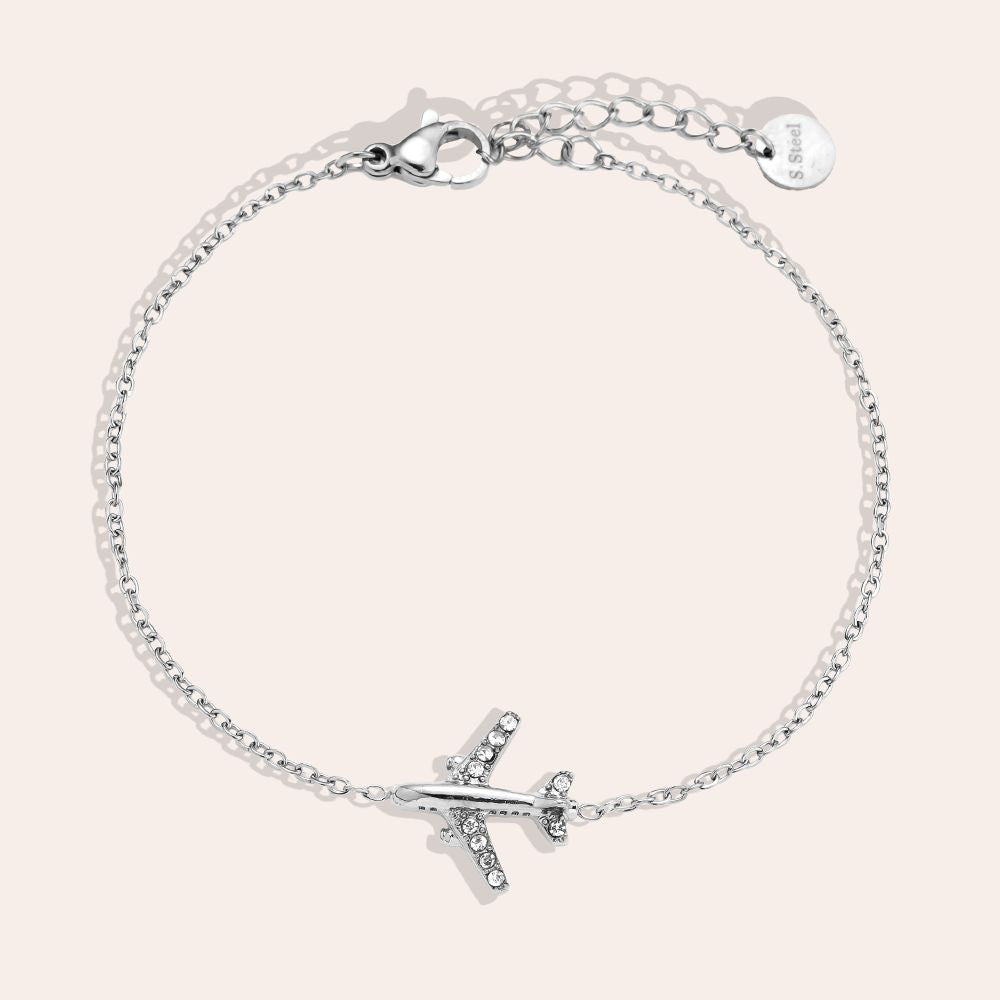 „Avyelle“ – Edelstahl-Arm­kette mit Zirkonia-Flugzeuganhänger, 17 cm + 3 cm