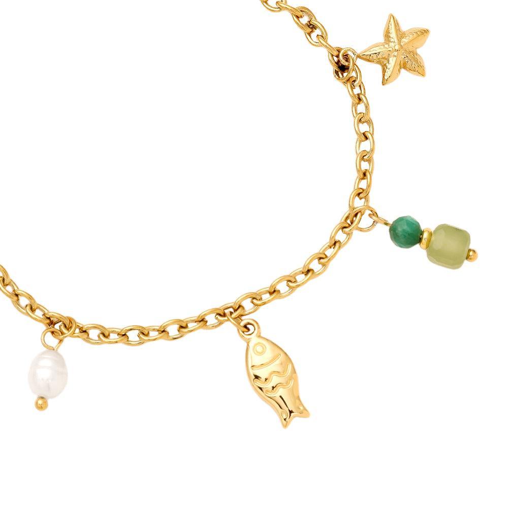 „Calypsi“ – Edelstahl-Arm­kette mit Süßwasserperlen & Meeres-Charms, 16 cm + 3 cm