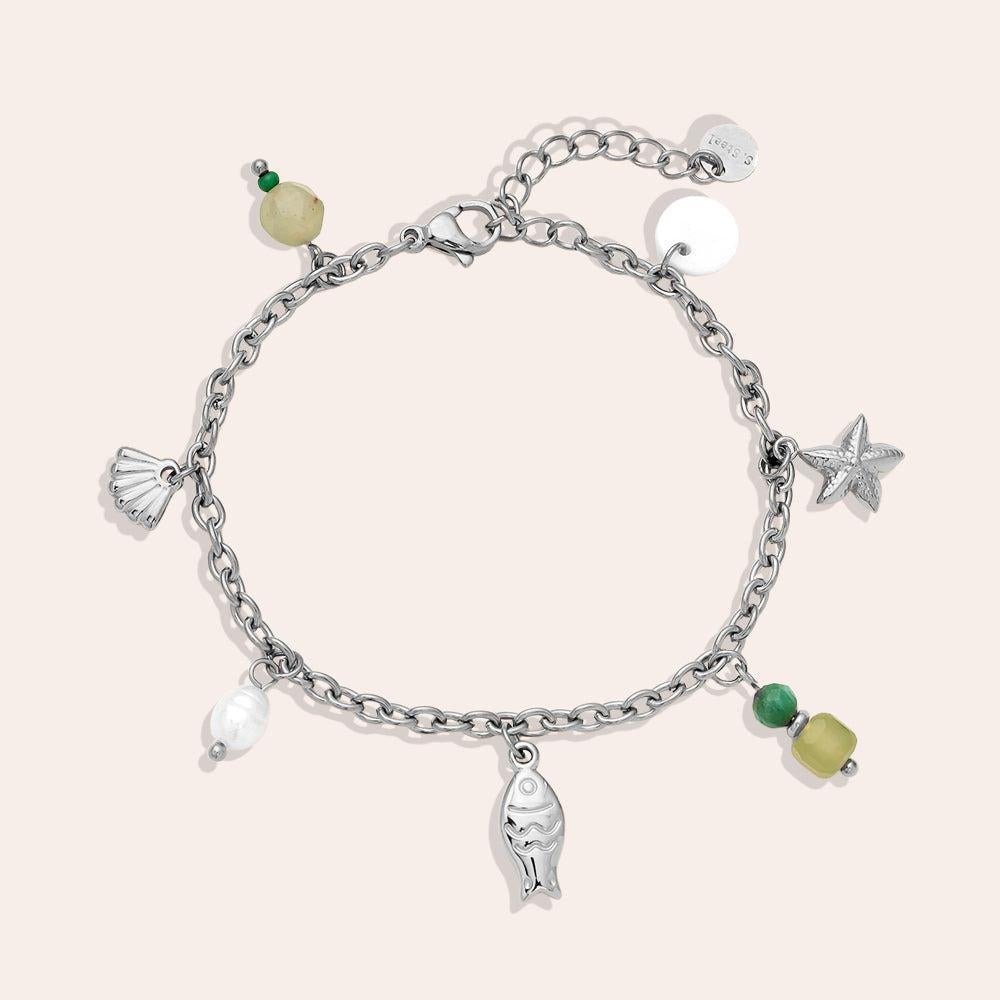„Calypsi“ – Edelstahl-Arm­kette mit Süßwasserperlen & Meeres-Charms, 16 cm + 3 cm