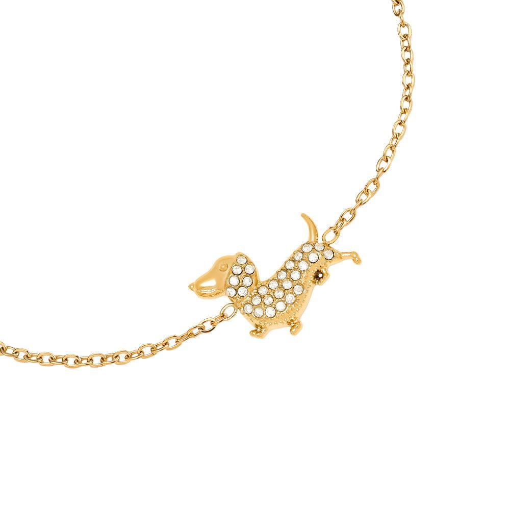 „Canella“ – Edelstahl-Arm­kette mit Zirkonia-Hundecharm, 17 cm + 3 cm