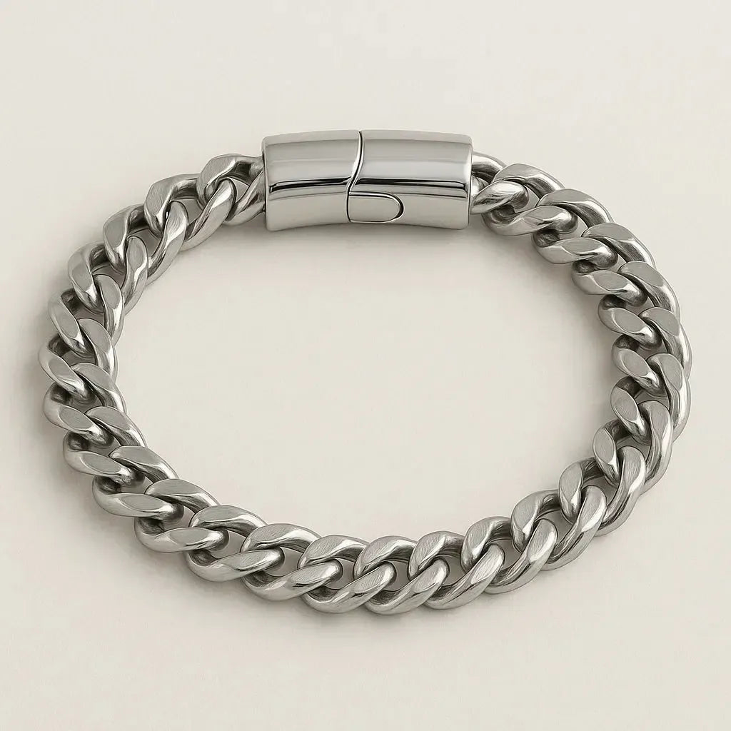 "Corvian" – Silberfarbenes Panzerarmband mit Magnetverschluss, 21,5 + 1 cm