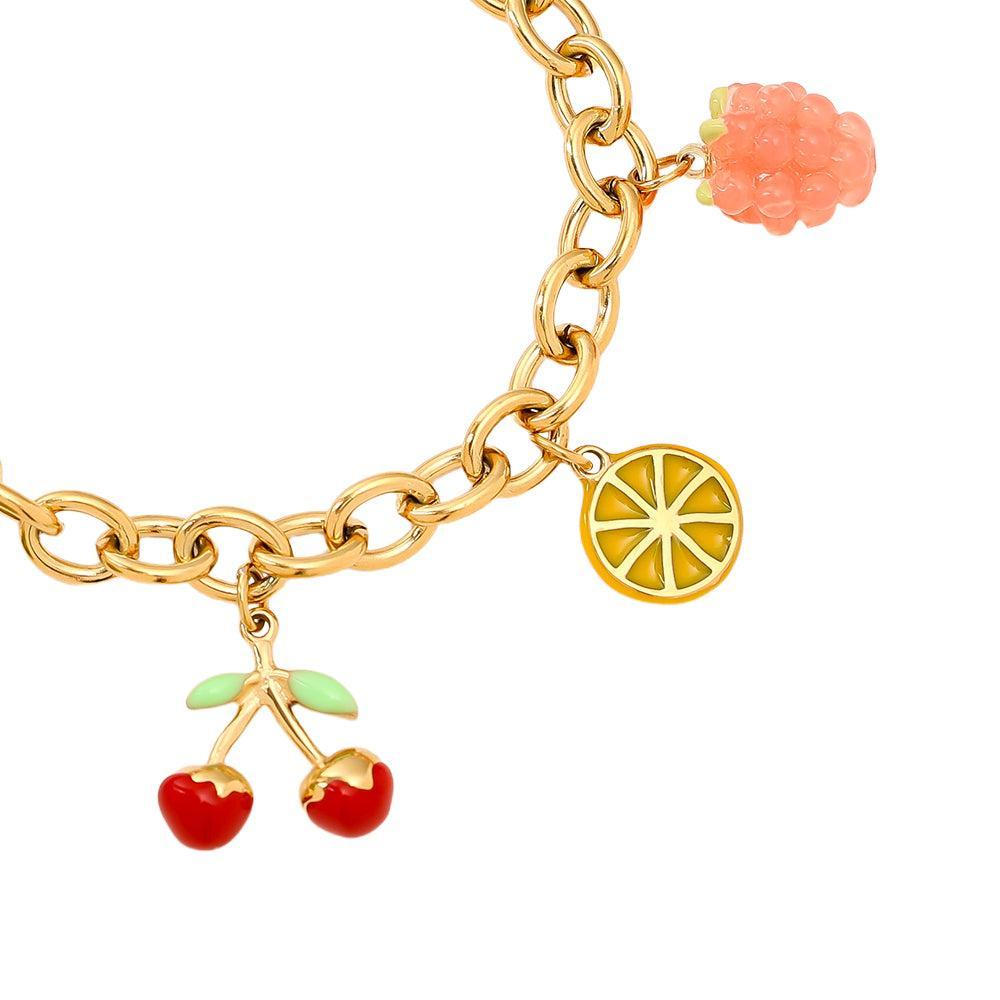 „Frunessa“ – Edelstahl-Arm­kette mit bunten Frucht-Charms, 17 cm + 3 cm