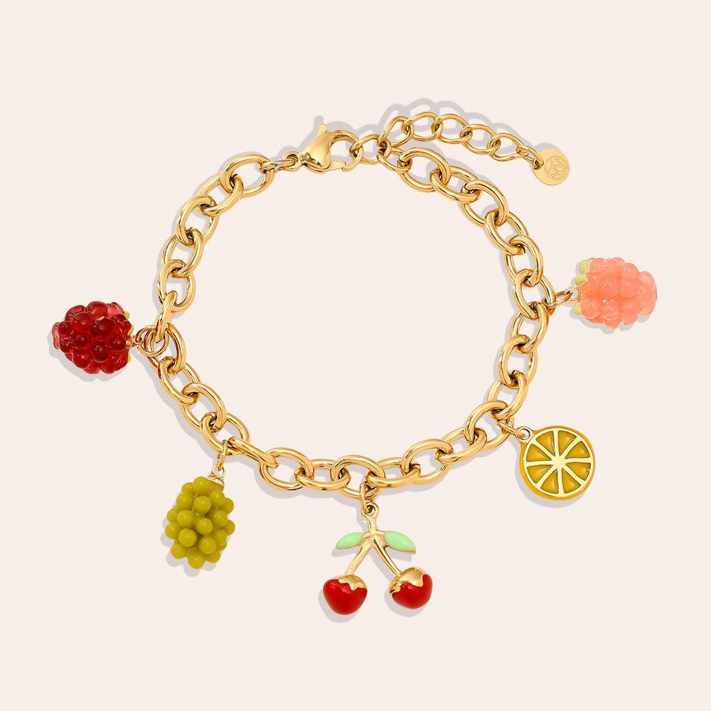 „Frunessa“ – Edelstahl-Arm­kette mit bunten Frucht-Charms, 17 cm + 3 cm-Goldharmonie