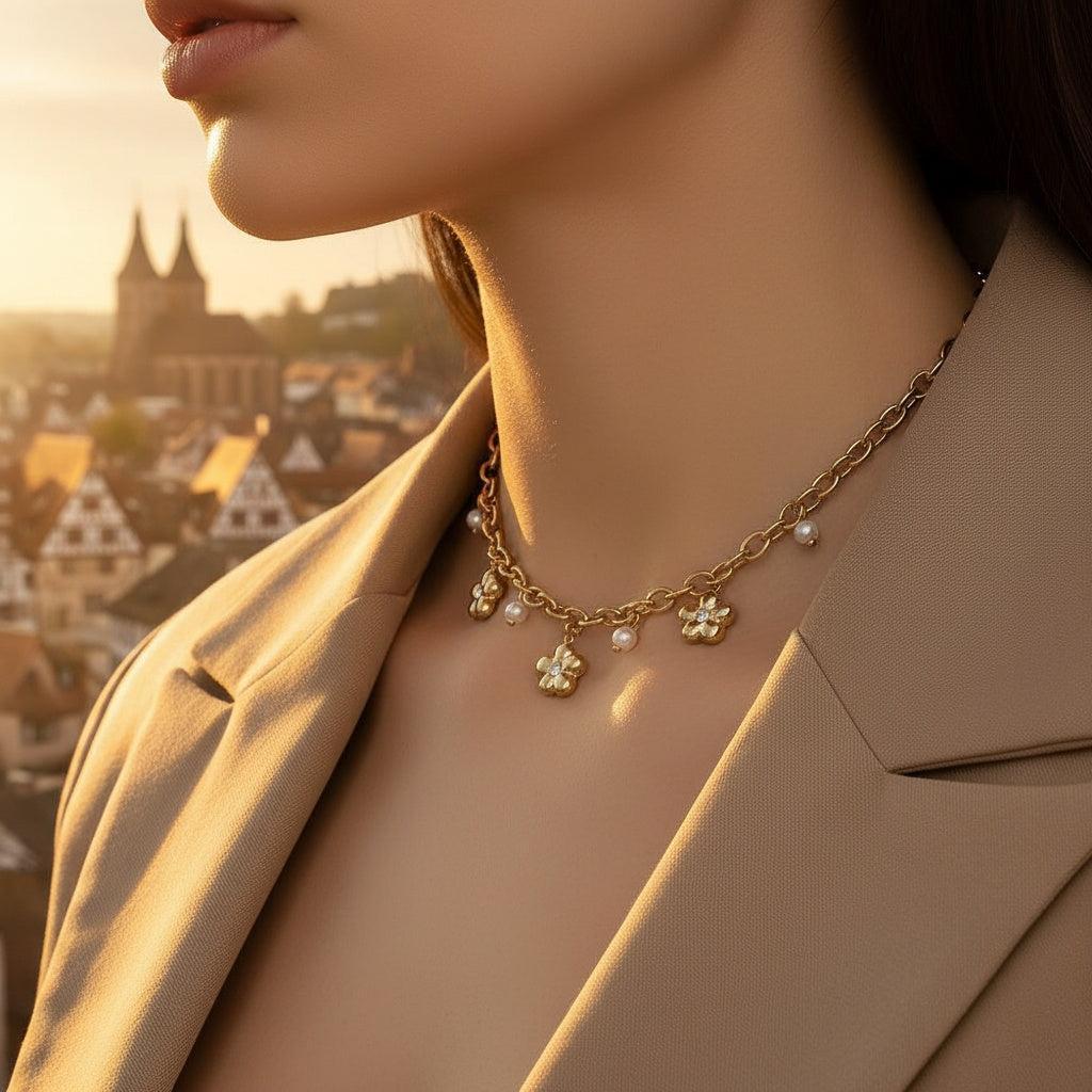 "Kiraelleaeva" Flower Pearl Diamond Edelstahl Halskette
