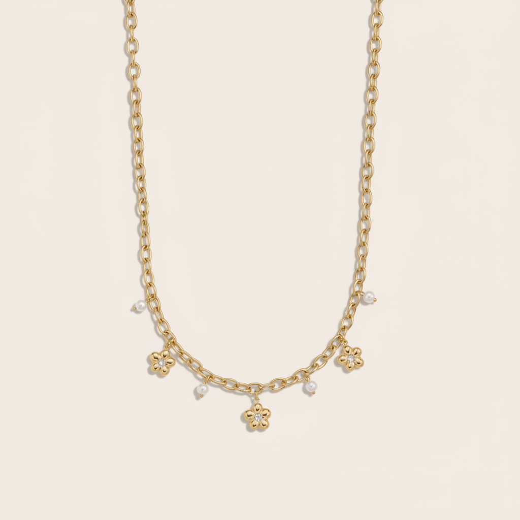 "Kiraelleaeva" Flower Pearl Diamond Edelstahl Halskette