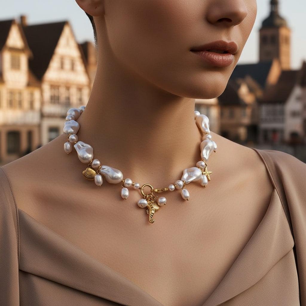 "Lioravaraeva" Ocean Charms And Baroque Pearl Edelstahl Halskette