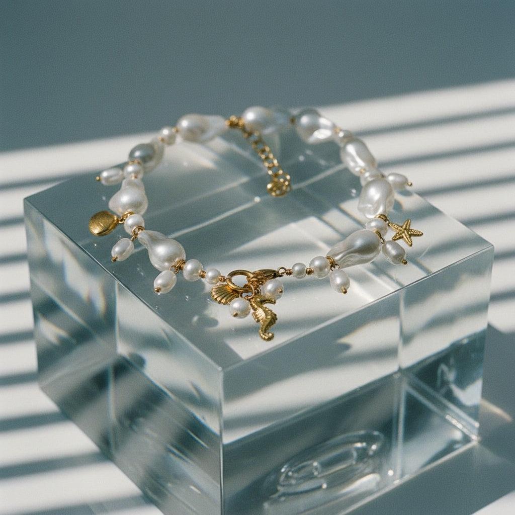 "Lioravaraeva" Ocean Charms And Baroque Pearl Edelstahl Halskette