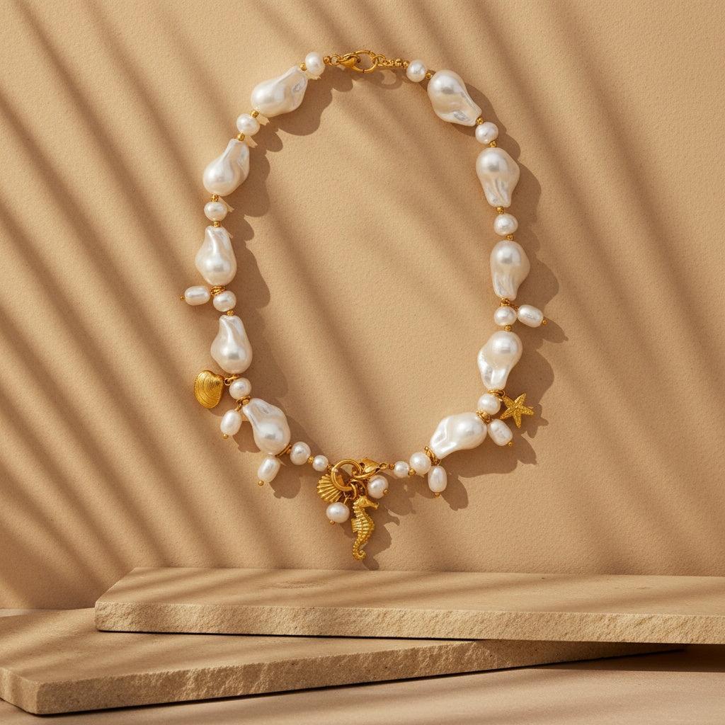 "Lioravaraeva" Ocean Charms And Baroque Pearl Edelstahl Halskette