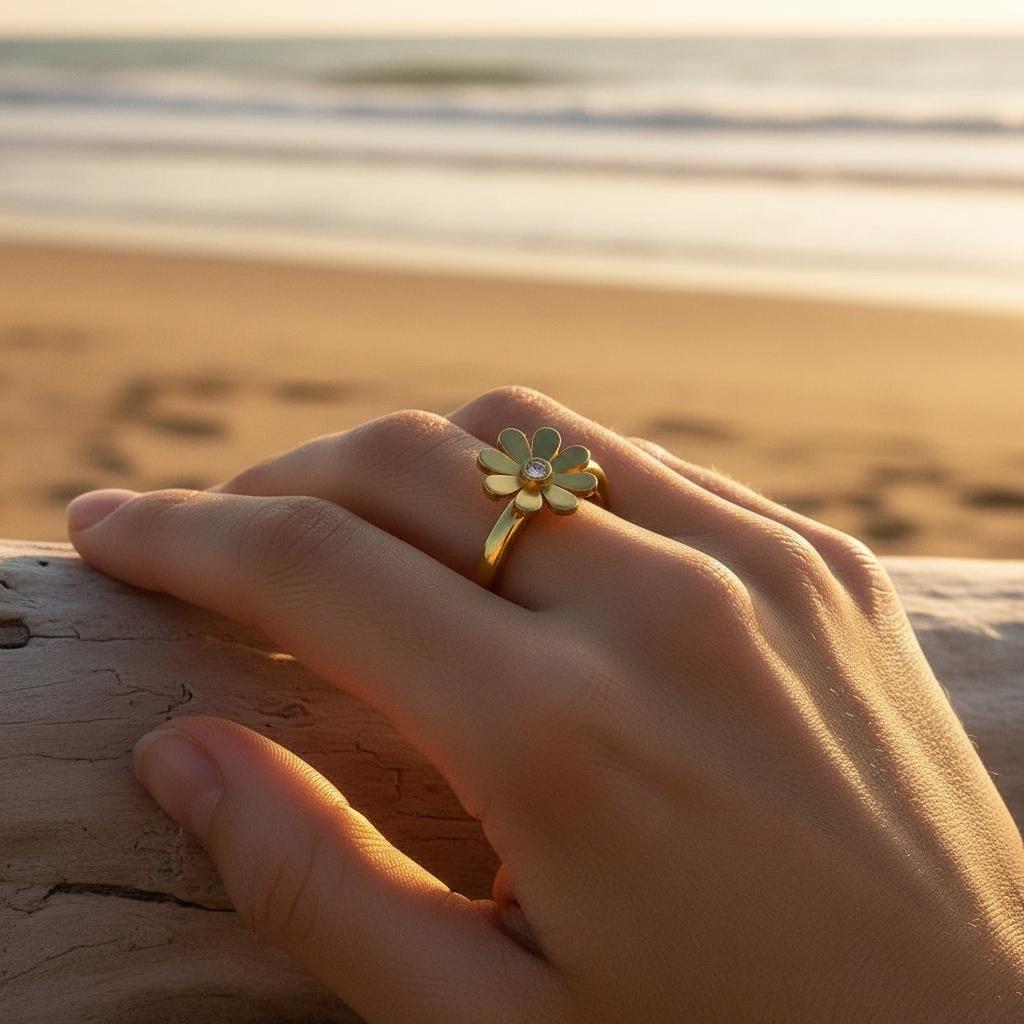 Lioraya - Goldfarbener Ring mit Blütenkopf & Similistein