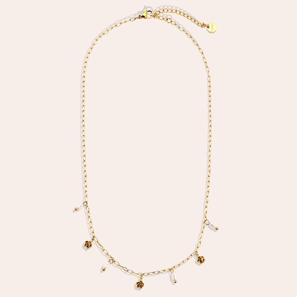 "Lunaleielle" Mini Flower And Pearl Edelstahl Halskette-Goldharmonie