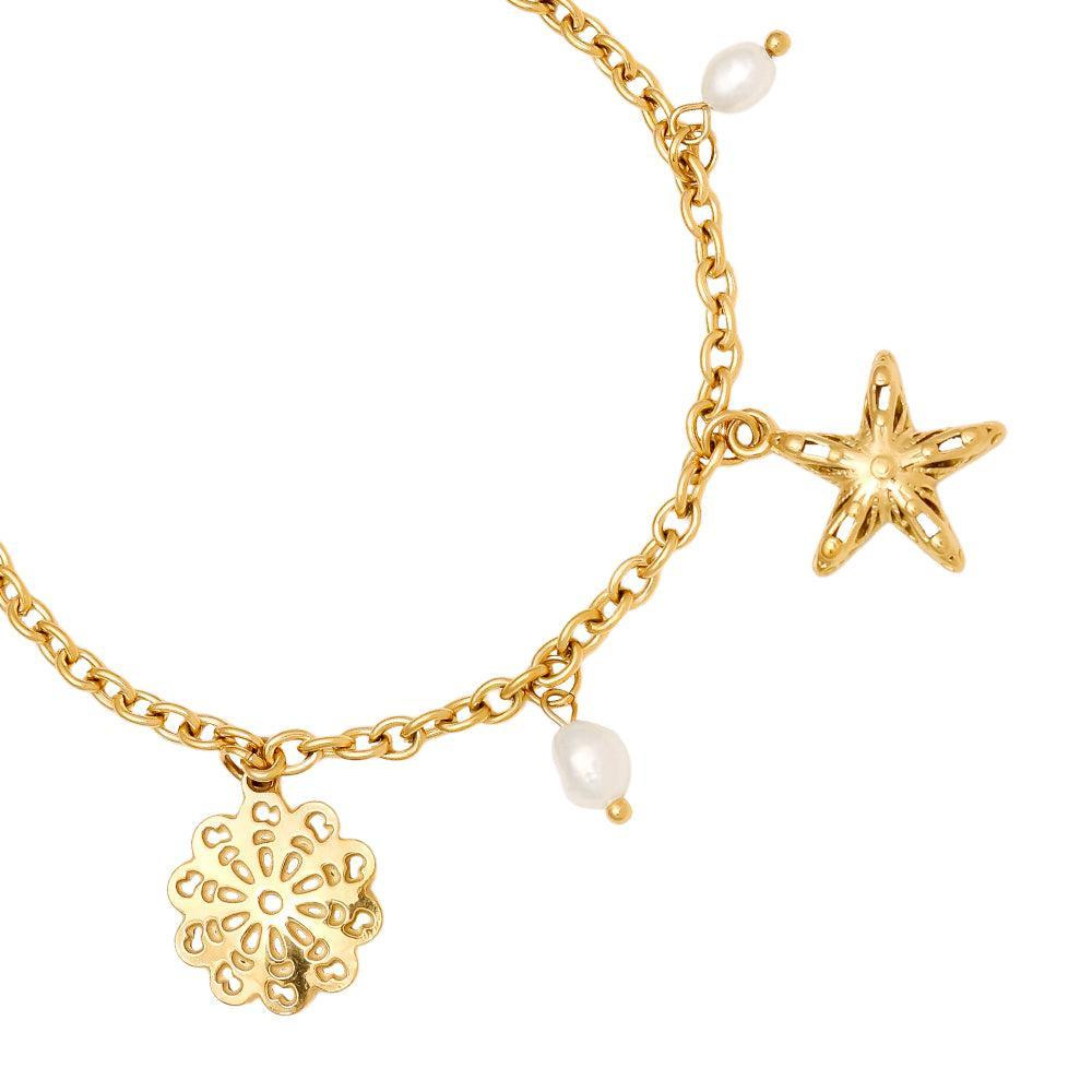 „Mareli“ – Edelstahl-Arm­kette mit Süßwasserperle & Meeres-Charms, 17 cm + 3 cm
