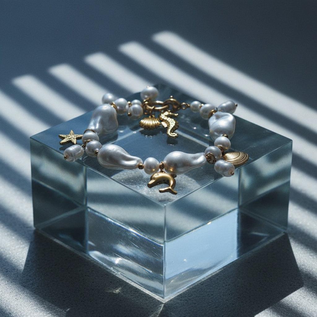 „Marilou“ – Edelstahl-Arm­kette mit Ocean-Charms & barocker Kunstperle, 20 cm