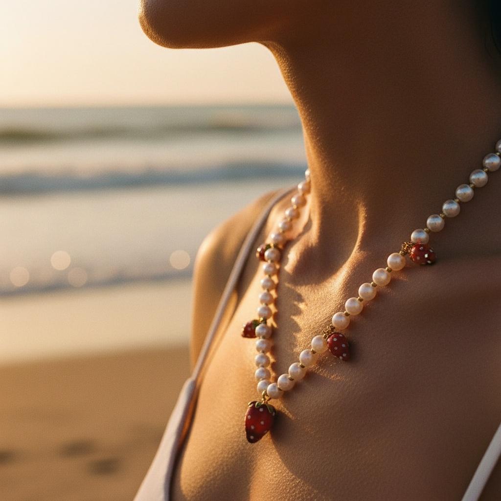 "Melianea" Strawberry In Pearl Chain Edelstahl Halskette