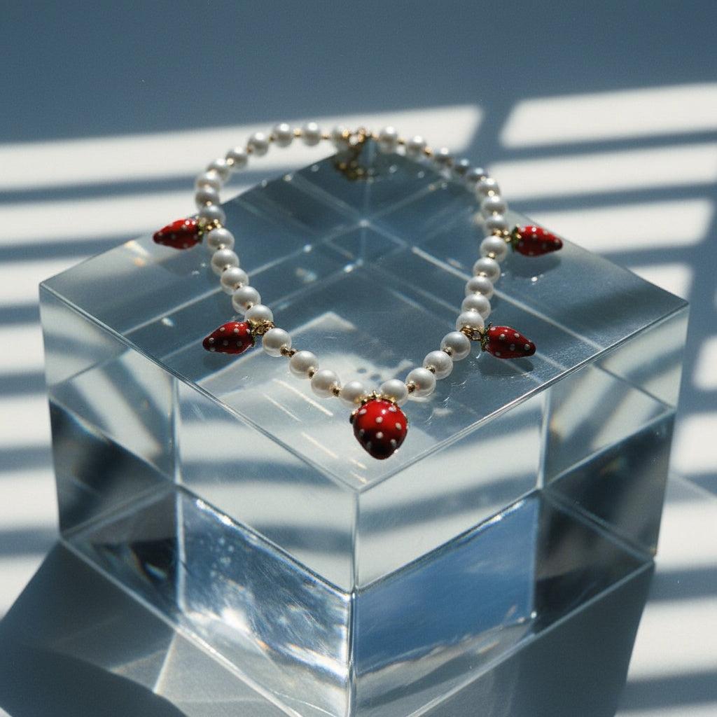 "Melianea" Strawberry In Pearl Chain Edelstahl Halskette