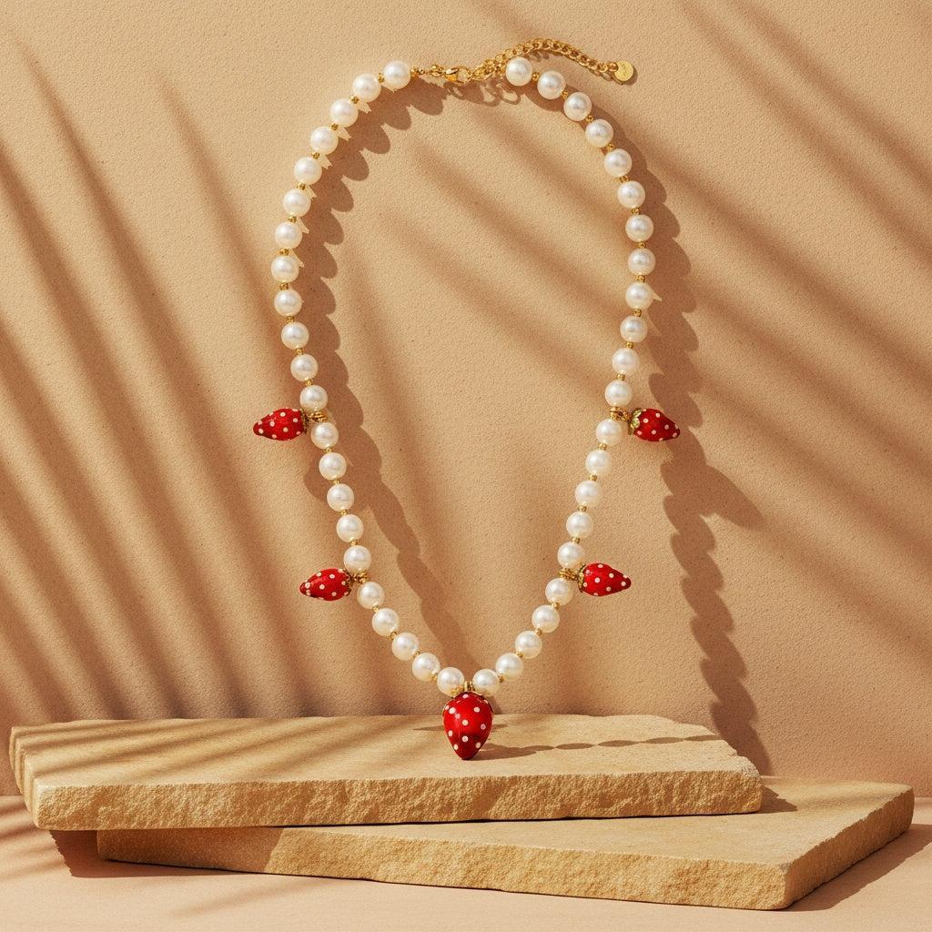 "Melianea" Strawberry In Pearl Chain Edelstahl Halskette