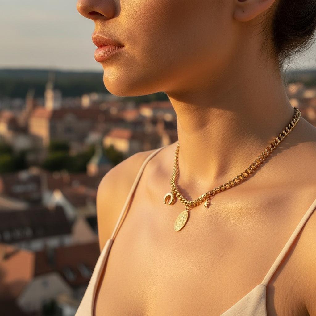 "Meliaynea" Delrocio Star And Moon In Oval Chain Edelstahl Halskette