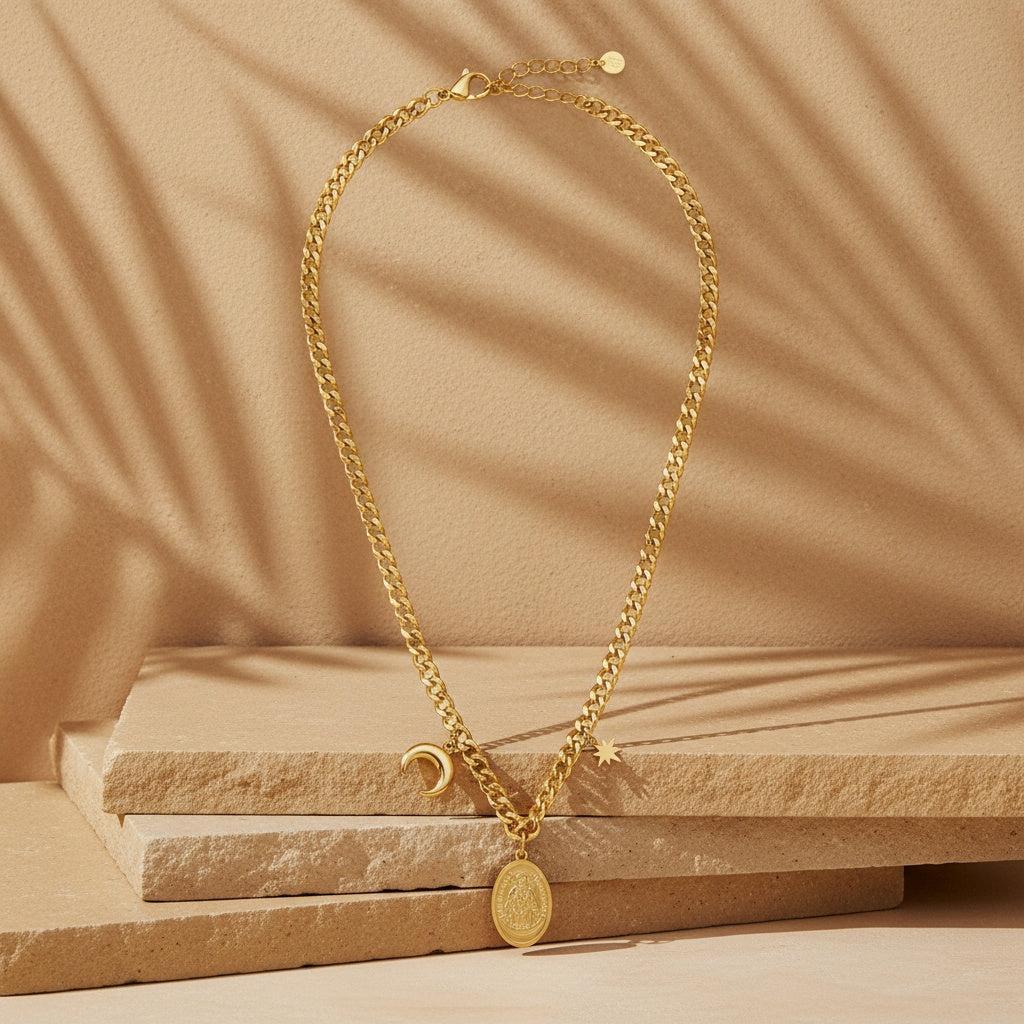 "Meliaynea" Delrocio Star And Moon In Oval Chain Edelstahl Halskette
