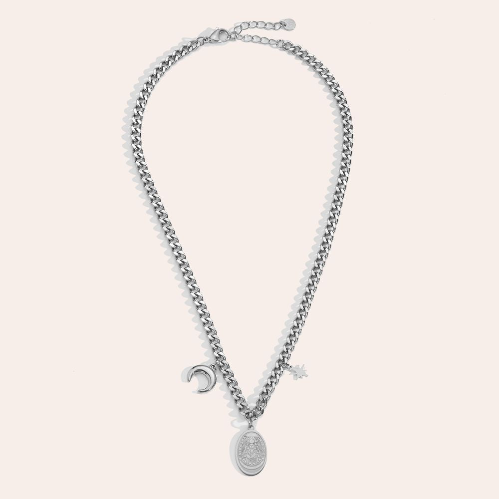 "Meliaynea" Delrocio Star And Moon In Oval Chain Edelstahl Halskette