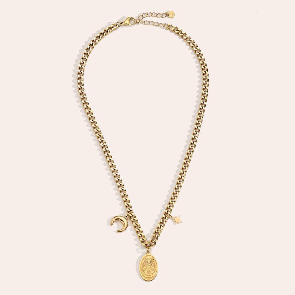 "Meliaynea" Delrocio Star And Moon In Oval Chain Edelstahl Halskette-Goldharmonie