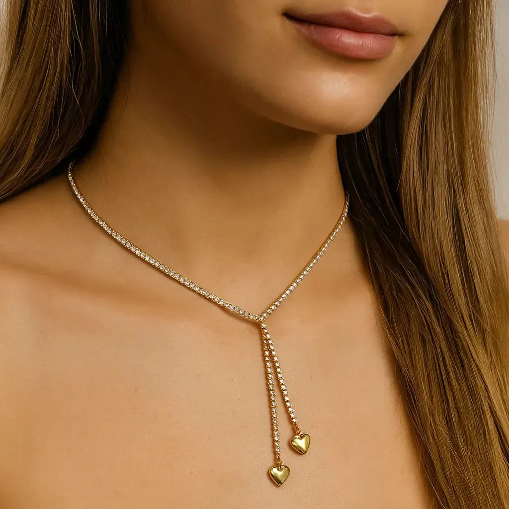 "Navinaraina" Two Hearts In Diamond Chain Edelstahl Halskette