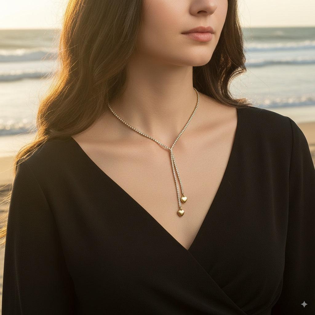 "Navinaraina" Two Hearts In Diamond Chain Edelstahl Halskette