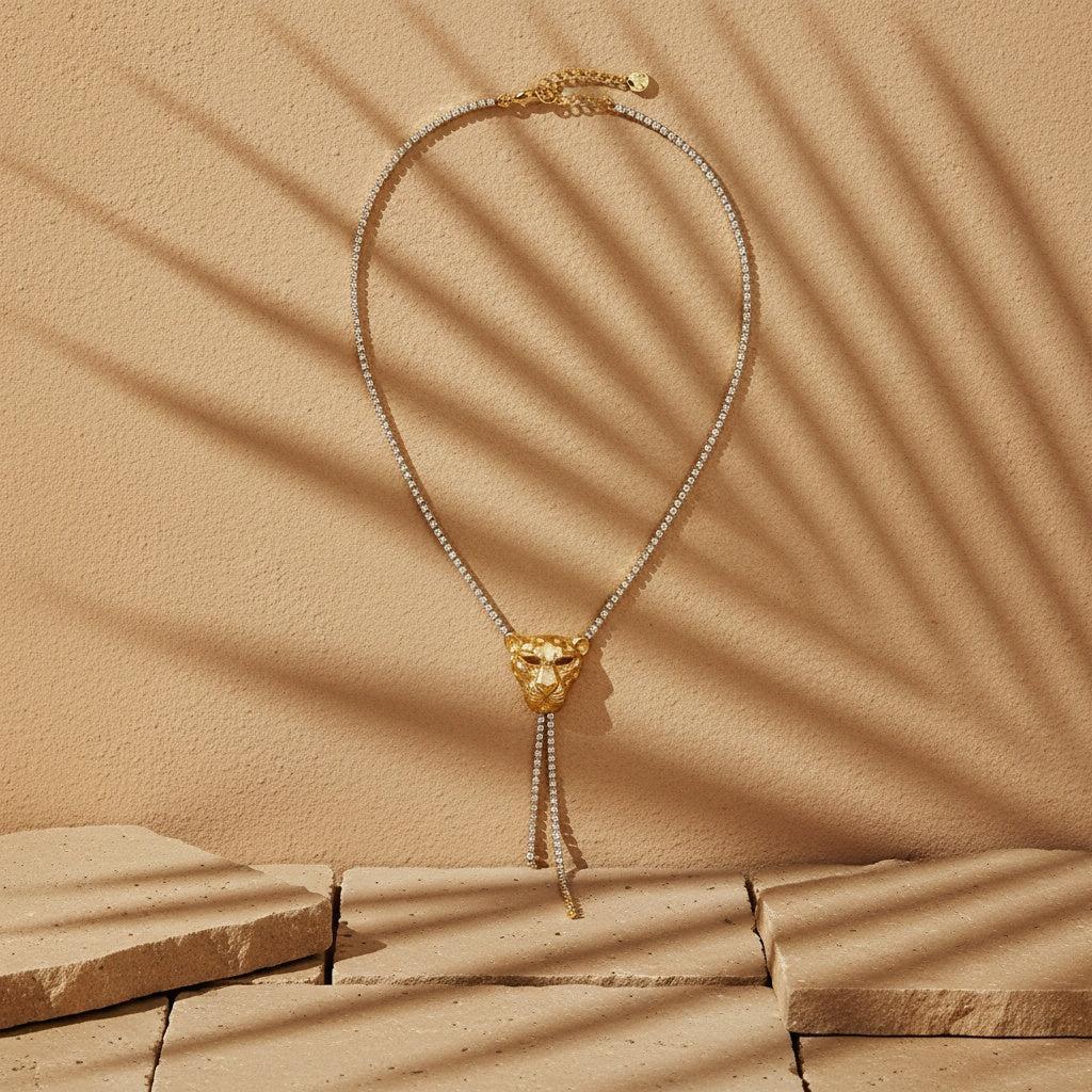 "Nayalinora" Leopard Head In Diamond Chain Edelstahl Halskette