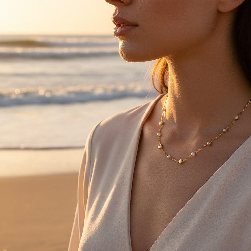 "Nayanoraya" Small Hearts Pearl Edelstahl Halskette