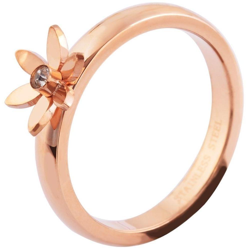 "Rosmira" – Roségoldfarbener Ring mit floraler Blüte & Similistein