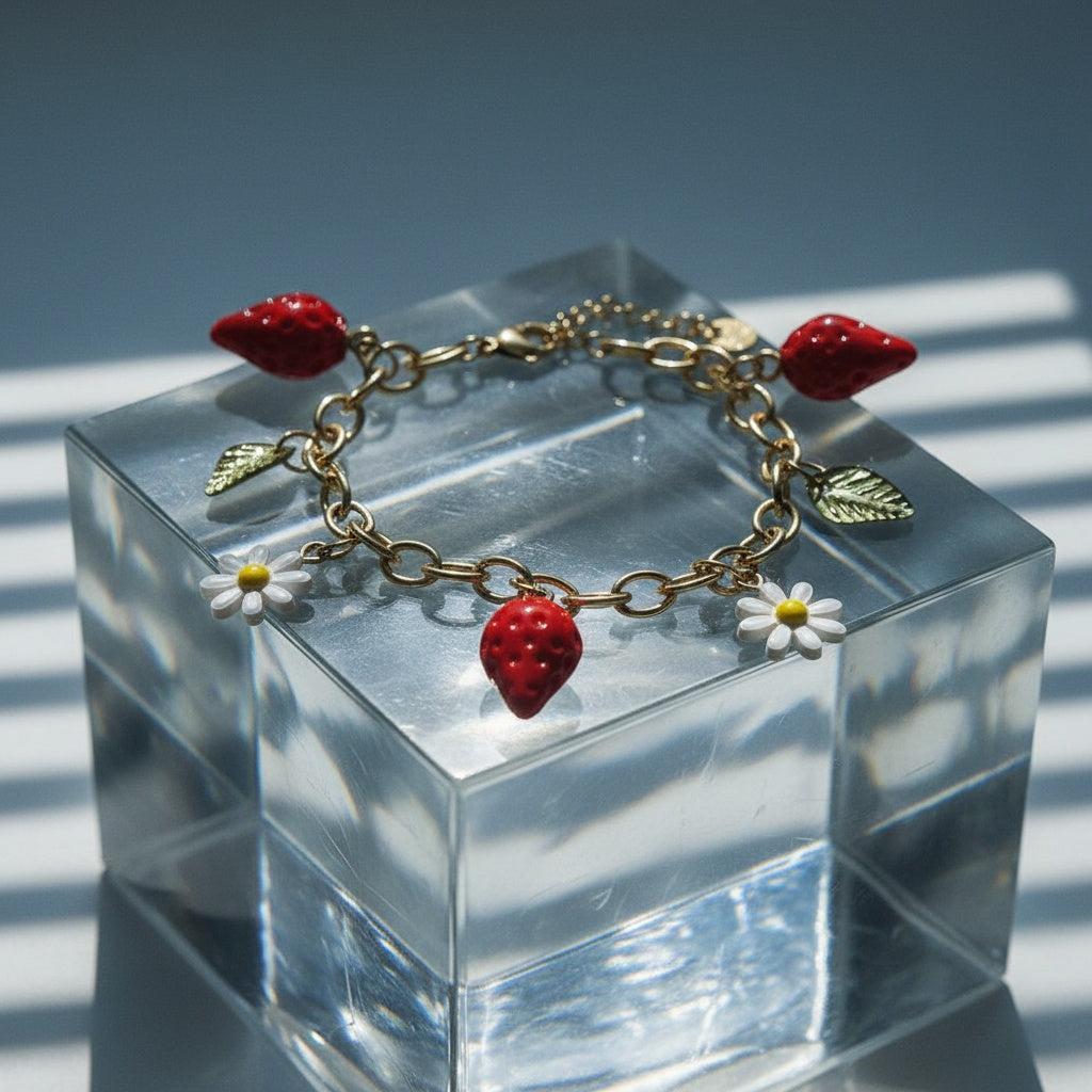 „Rubina“ – Edelstahl-Arm­kette mit Erdbeer-Charm, 17 cm + 3 cm