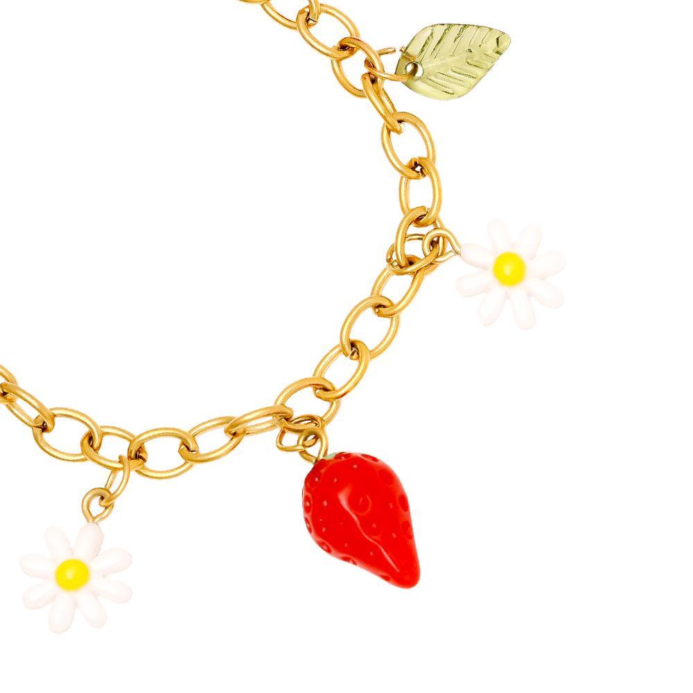 „Rubina“ – Edelstahl-Arm­kette mit Erdbeer-Charm, 17 cm + 3 cm