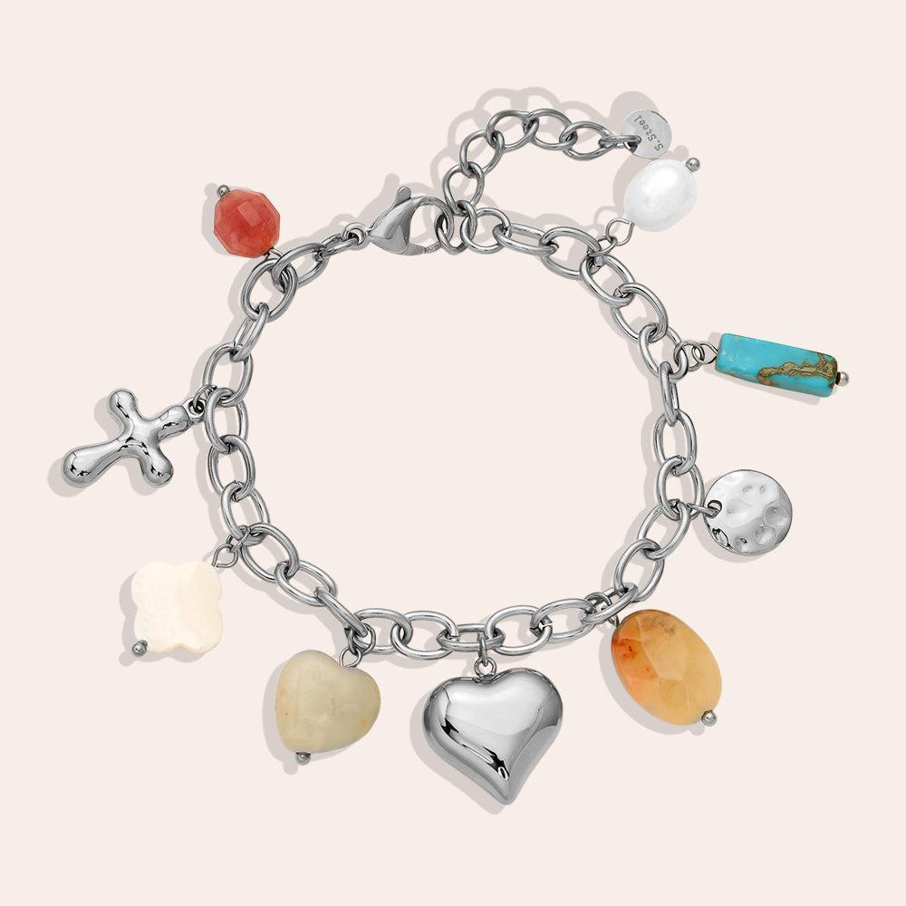 „Serapha“ – Edelstahl-Arm­kette mit Muschel-, Naturstein- & Süßwasserperlen-Charms, 16,5 cm + 3 cm