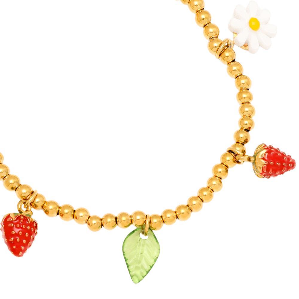 „Solberry“ – Edelstahl-Armband mit Erdbeer- und Charm-Anhängern, 18 cm