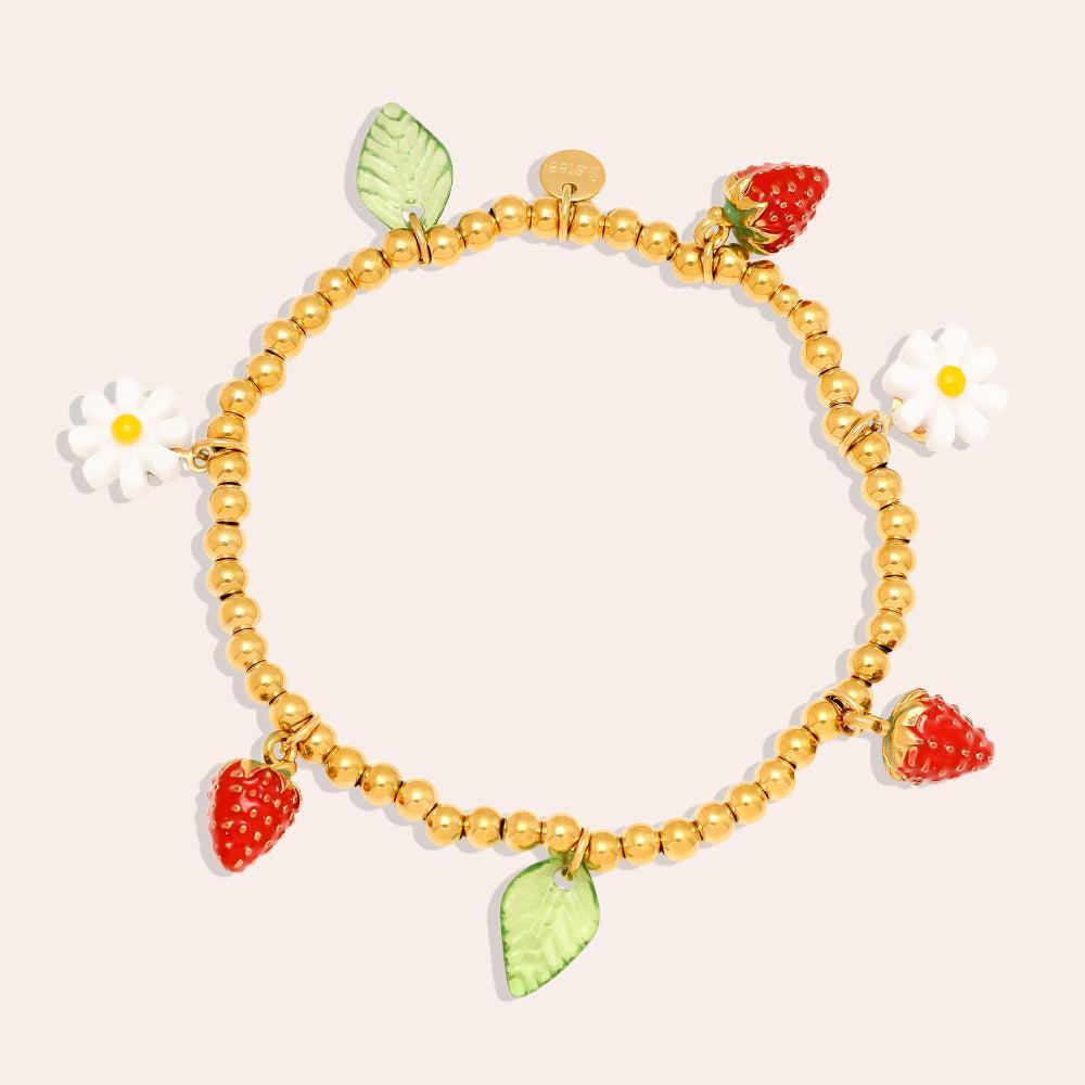 „Solberry“ – Edelstahl-Armband mit Erdbeer- und Charm-Anhängern, 18 cm-Goldharmonie